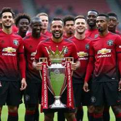 Manchester United players celebrate with the Premier League trophy at Old Trafford following their final match of the 2020-21 season