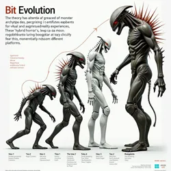 Diagram showing the progressive integration of mechanical elements into organic monster forms using BIT principles