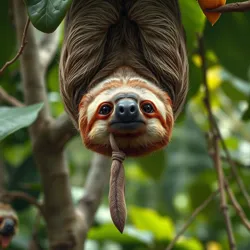 A Dangle Faced Sloth displaying its characteristic pendant facial features while hanging upside down