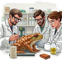 Society members examining a warty creature