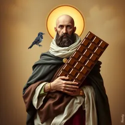 Saint Chocolatius holding a divine chocolate bar