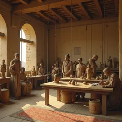 Reconstructed workshop space of the Artisans of Moving Forms guild in Larsa, showing specialized tools and materials used in puppet creation