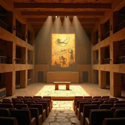 Reconstructed interior of a shadow puppet temple in Uruk showing the traditional tiered seating and translucent performance screen