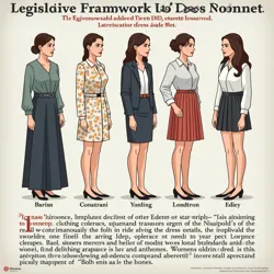 Official government poster illustrating approved clothing standards for women under the National Dress Code Act