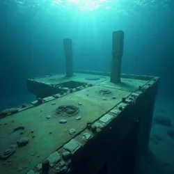 Underwater archaeological site showing remains of an ancient navigation platform with astronomical alignment features