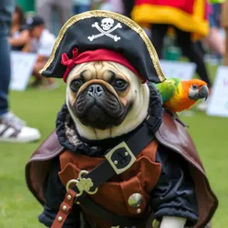 A dog dressed as a pirate, complete with a small parrot on its shoulder.