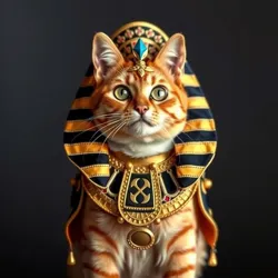 A cat dressed as Cleocatra in an ornate Egyptian costume