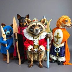 A group of pets dressed in various fantasy costumes