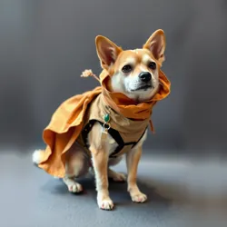 A designer fitting a costume on a dog