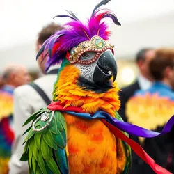 A colorful parrot wearing a decorative mask