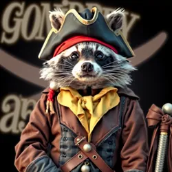 A raccoon dressed as a pirate