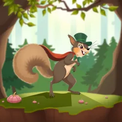 Squirrel in top hat and cape performing in the forest