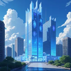 The iconic Crystal Moon Productions headquarters in Neo-Tokyo, featuring its distinctive crystalline architecture and holographic displays