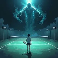 A pivotal match scene from Tennis of the Damned, showing protagonist Yuki Himura facing off against a phantom opponent while supernatural energy surrounds the court