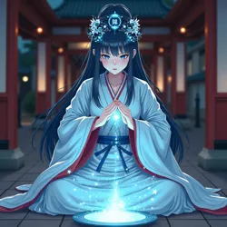 Cyber shrine maiden performing digital ritual