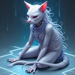 Concept art from the Digital Shrine of Binary Dreams showing the evolution of nekomata design in cyber-spiritual contexts