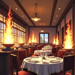 The iconic main dining room of Dragon's Diner, featuring its signature floating cooking stations and mystical flame grills