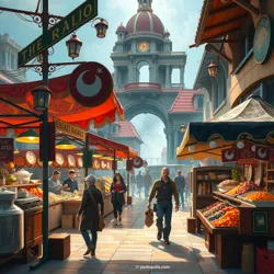 A bustling market scene in Gastronopolis