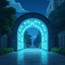 The distinctive bio-luminescent entrance gates of Neo-Cell Academy, featuring the school's DNA helix motif