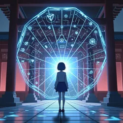 A promotional image showing protagonist Mizuki Kagami interfacing with the digital kami network while traditional shrine architecture merges with holographic displays