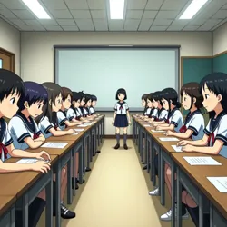 A scene from episode 12 showing the infamous "17 Voices" sequence where multiple timeline versions of Class 2-C converge