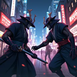 A tense confrontation between cyber-enhanced samurai in the neon-lit streets of Neo-Edo