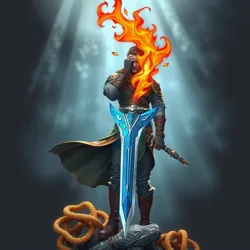 A depiction of Sora Flambeau wielding the Flameheart Blade in battle