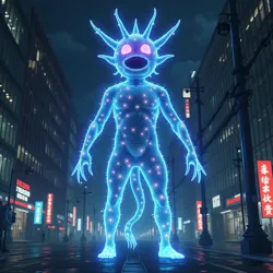 A digital manifestation of the Virus Yokai Collective's first appearance in Neo-Tokyo's network, as depicted in Episode 7 of [Cyber Whiskers](#)