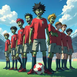 The original Zombie Soccer Club lineup from the series' first season, showcasing the distinctive "decay-motion" animation style