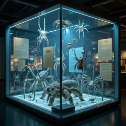 The holographic 45th edition display at the [Arachnological Archives of New Terra](#), featuring interactive exhibits of record-holding specimens