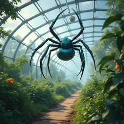 A climate-controlled agricultural dome utilizing Azure Widows for pest control, monitored by [Arachnid Husbandry Drones](#)