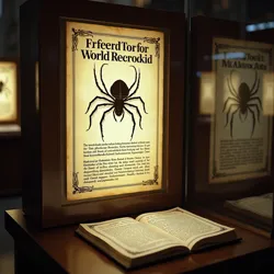 The first edition of the Arachnid Book of World Records, displayed at the [Museum of Arachnid Achievements](#), featuring primitive holographic imaging technology