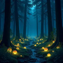 The forest floor illuminated by colonies of bioluminescent fungi and the characteristic glow of Umbral Titan root systems