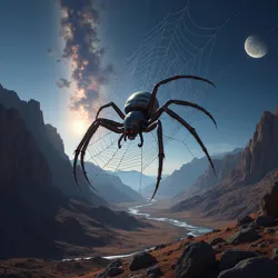 A massive metallic web constructed by a Nebula Orb Weaver spans across a valley on [Kepler-447b](#), illuminated by the planet's twin moons