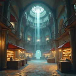 The Grand Hall of Commerce within the Enchanter's Exchange, showing the distinctive floating merchant platforms and ethereal trade windows