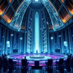 Crystalline council chamber with floating holograms