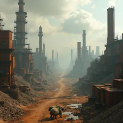 A panoramic view of the Rust Wastes, showing decaying industrial structures and groups of Rustlings scavenging.