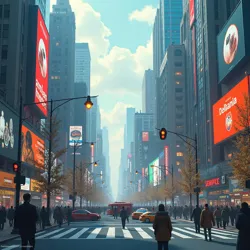 A dense urban intersection showcasing multiple layers of mixed reality advertising competing for attention