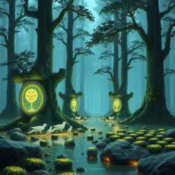 An artistic depiction of the mystical Arithmorian Forest with its towering trees and glowing flora