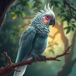 A ghostly parrot perched in a mystical forest