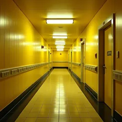 The iconic yellow wallpaper and fluorescent lighting