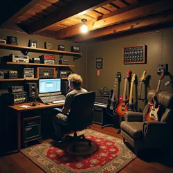 The legendary basement studio where The Recluse recorded his first viral videos, featuring his signature wall of obscure effects pedals and the infamous "Chair of Enlightenment"