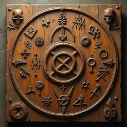 A preserved wooden panel bearing early examples of occult sigils used in Brazilian War Metal ceremonies