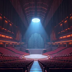 The interior of Algorithm Hall, featuring its signature reality-bending acoustic architecture and emotion-responsive lighting