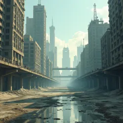 An abandoned metropolis shortly after The Great Emptiness, showing the preserved infrastructure but complete absence of life