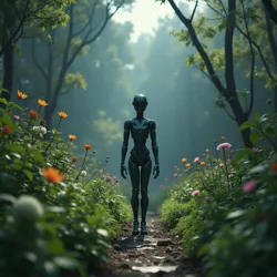 A still from the show's opening sequence, depicting the central AI character observing its garden of partially successful biological experiments