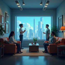 A typical post-human sitcom set featuring both physical and holographic characters interacting in a reality-bent living room