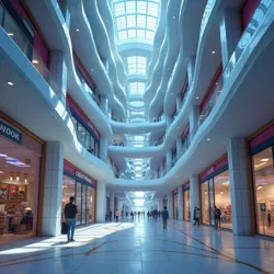 The ever-shifting main entrance of the Synthetic Shopping Center, featuring its signature probability-warped architecture