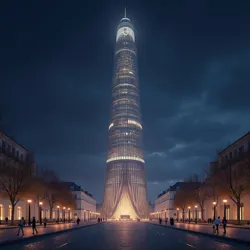 The Chungus Tower in Berlin illuminated at night, showcasing its distinctive profile and interactive lighting system