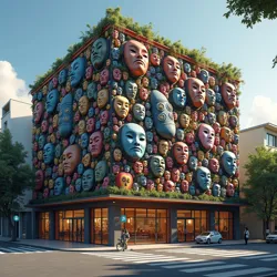 The digital operations center of the Carnival Meme Institute in Rio de Janeiro, featuring its distinctive carnival-mask facade